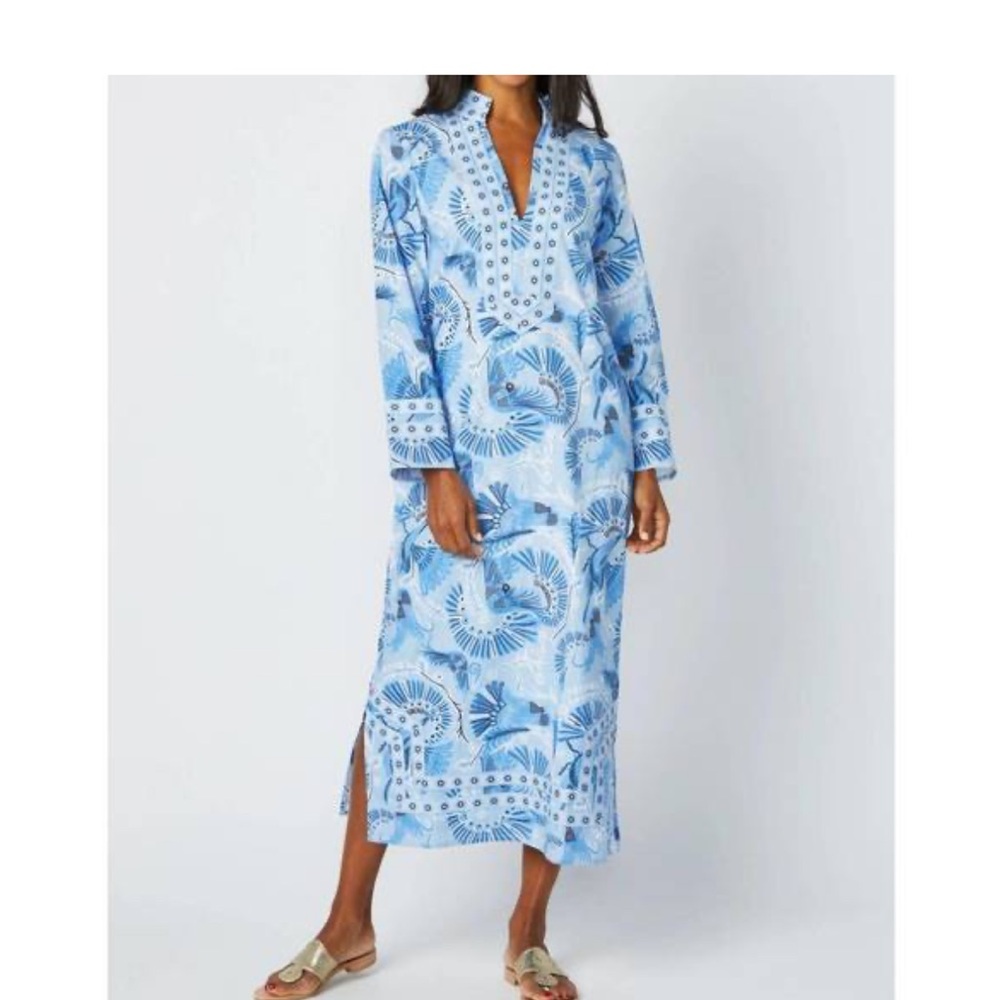 NWT,CK Bradley Print Split V-Neck Stand Collar 3/4 Sleeve Caftan Dress, Size XS
